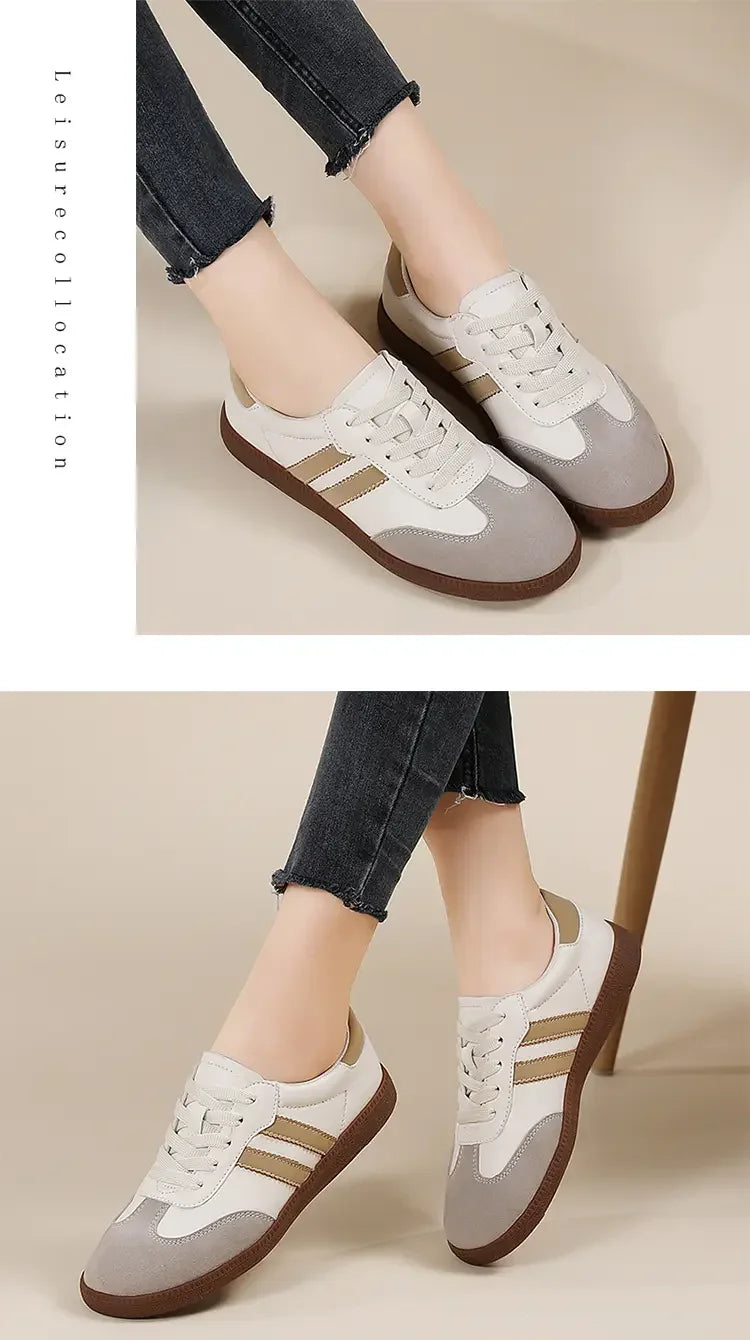 2024 Flat Luxury Shoes Women Autumn New Classic Ladies Sneakers Women Leather Retro Low Cut Lace -up Casual Round Toe Grey White
