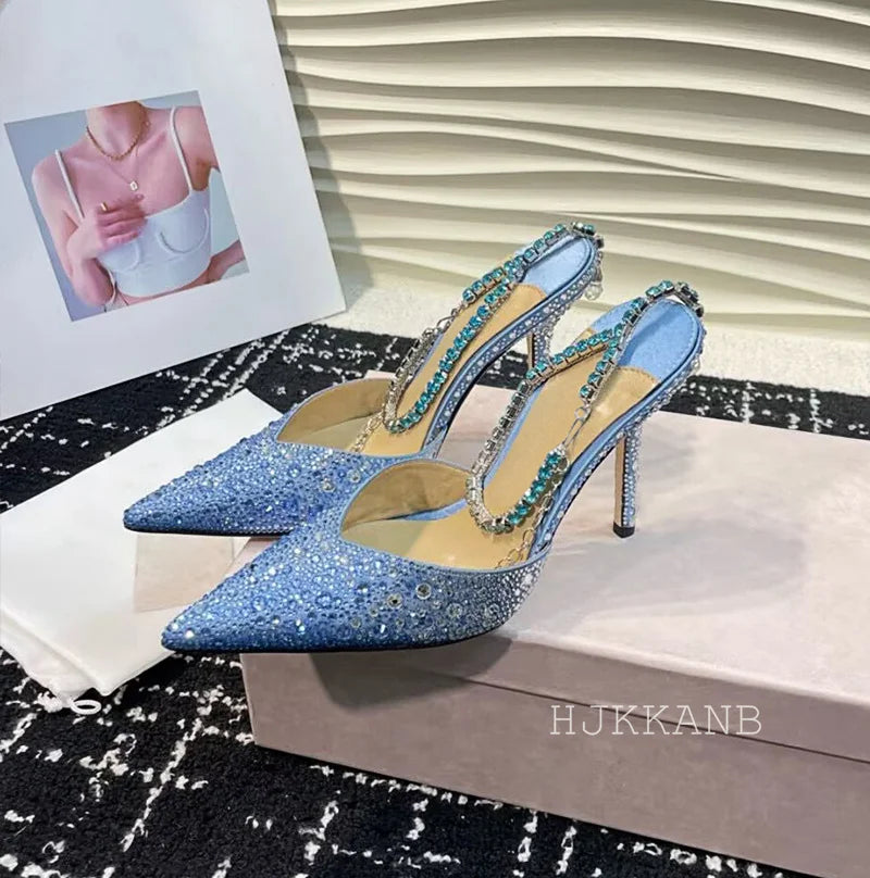 Pointed Toe Thin High Heel Pumps Women Ankle Strap Crystal Single Shoes Bling Rhinestone Sandals Sexy Spring Party Dress Shoes