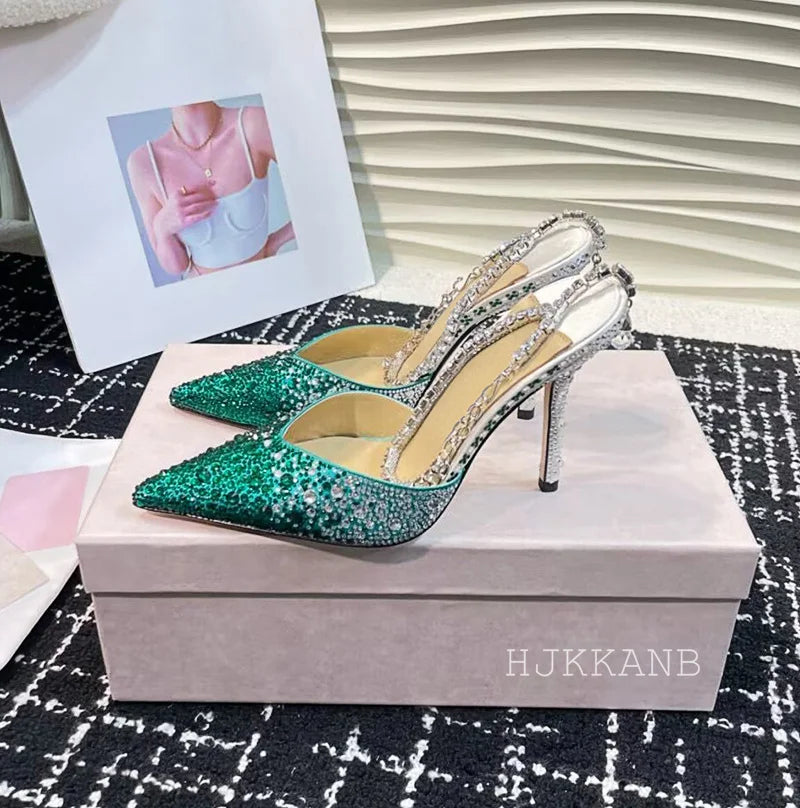 Pointed Toe Thin High Heel Pumps Women Ankle Strap Crystal Single Shoes Bling Rhinestone Sandals Sexy Spring Party Dress Shoes