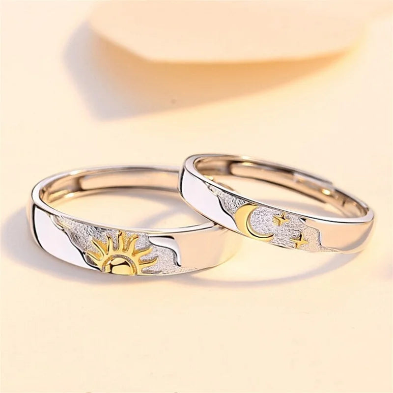 Trendy 925 Silver Ring For Men Women Jewelry Fashion Moon Sun Design Couple Ring Adjustable For Lover Wedding Accessories