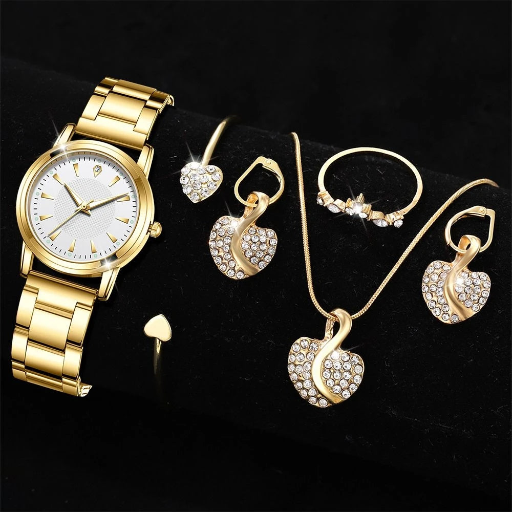 Women's Quartz Watch Gold Luxury Women Ring Necklace Earring Rhinestone Fashion Wristwatch Casual Ladies Watches Jewelry Set 