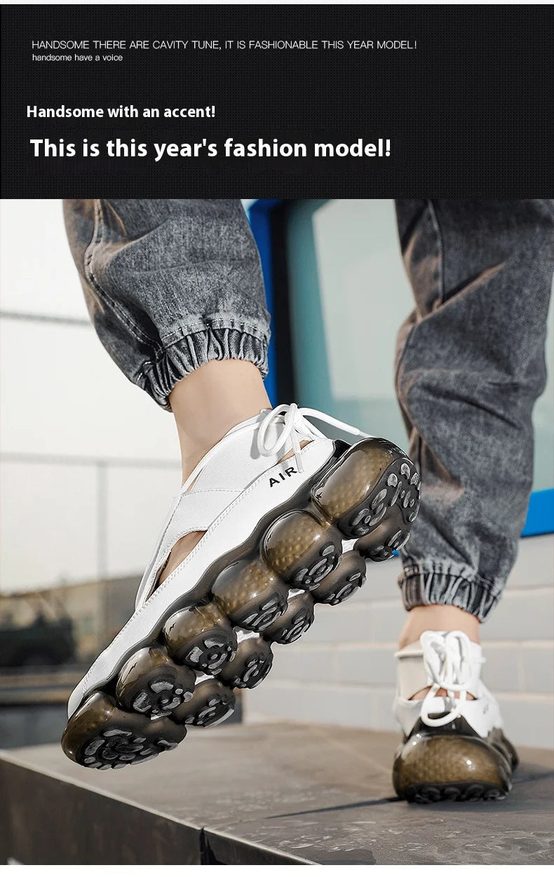 New popcorn cushioned soft sole coconut shoes low top casual sports shoes men's leather summer hollow fashion sandals