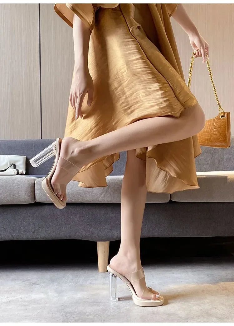 Women's High Heels 2025 Summer New Table  Line Not Tired Feet Thick Crystal Slippers Women's Shoes