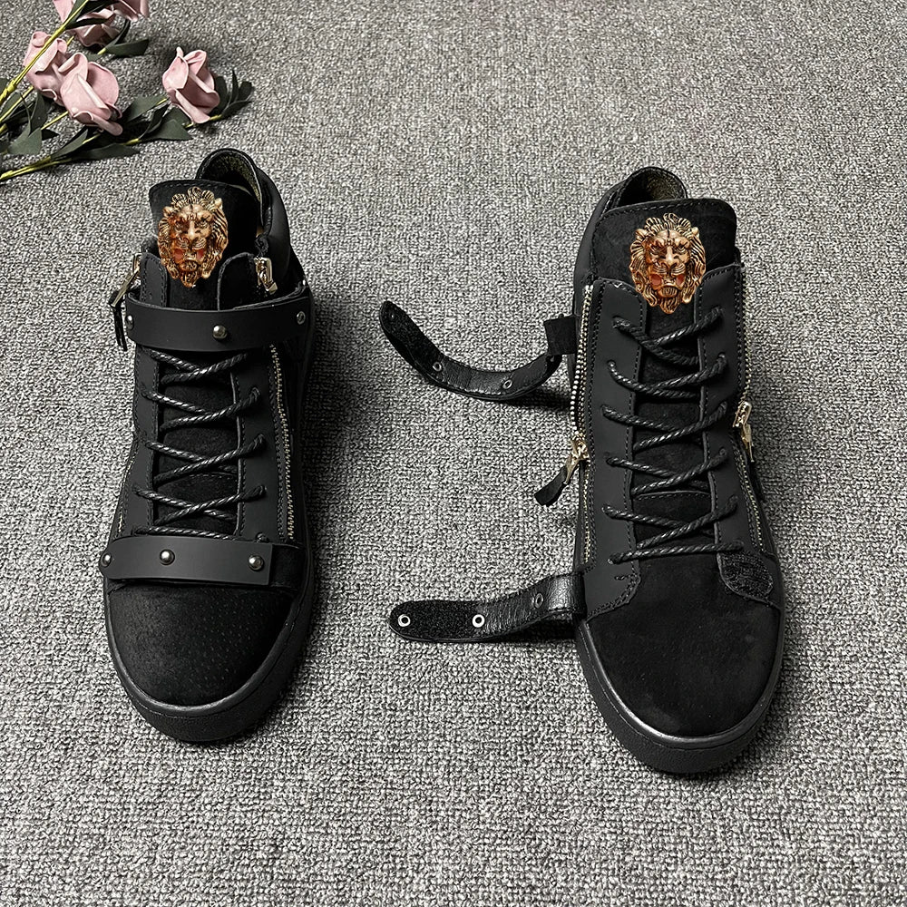 Men's High-Top Leather Casual Shoes - Designer Sneakers with Metal Buckle