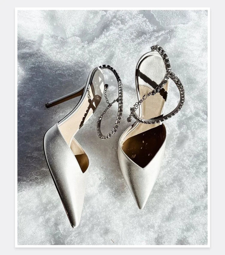 2025 New Mesh Hot Drilled Sexy Versatile Pointed Shallow Mouth Water Diamond Chain High Heels Baotou Sandals for Women