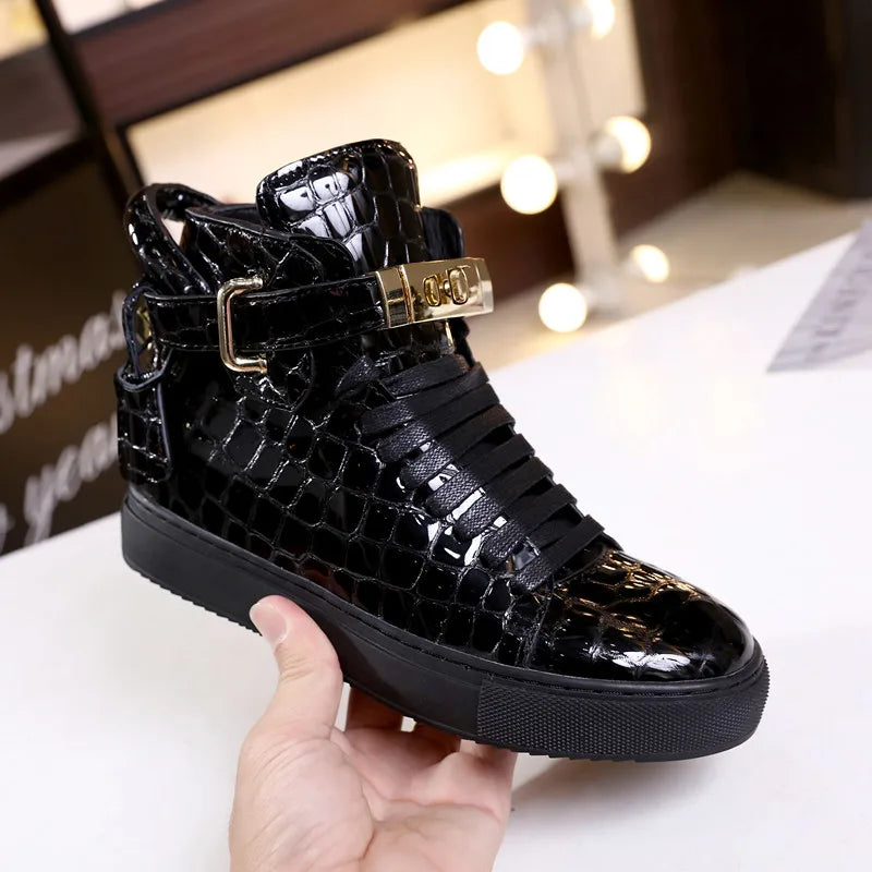 Unisex High-Top Leather Sneakers - Casual Running Shoes with Metal Details