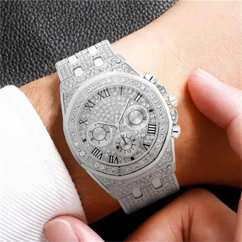 Men's Watch Fashion Luxury Three-eye Full Diamond Roman Pattern Stainless Steel Diamond Multi-function Casual Quartz Watch
