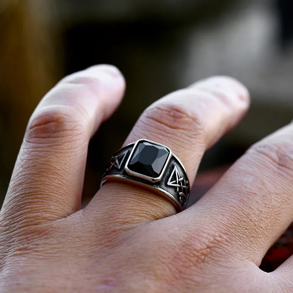 2024 New Updated Design Lucifer Satan Signet Ring For Men With Black Stone Stainless Steel Vintage Jewelry Gift Wholesale
