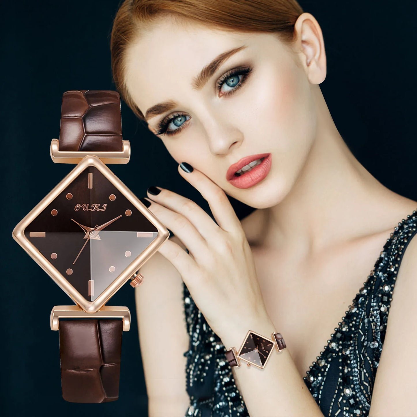 Women'S Casual Square Watch Diamond Glass Sugar Leather Band Simple Scale Luxury Quality Ladies Fashion Quartz Watch
