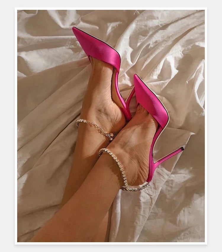 2025 New Mesh Hot Drilled Sexy Versatile Pointed Shallow Mouth Water Diamond Chain High Heels Baotou Sandals for Women