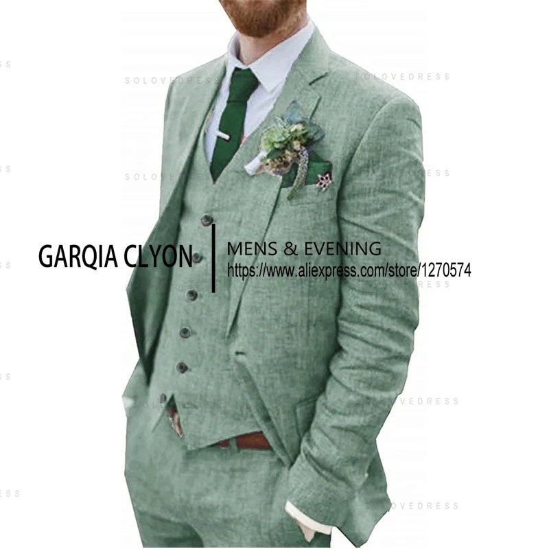 3 Piece Men's Retro Linen Men Suit Beach Wedding Suit Summer Slim Fit Linen Suit Groomsmen For Wedding(Blazer+Vest+Pants)
