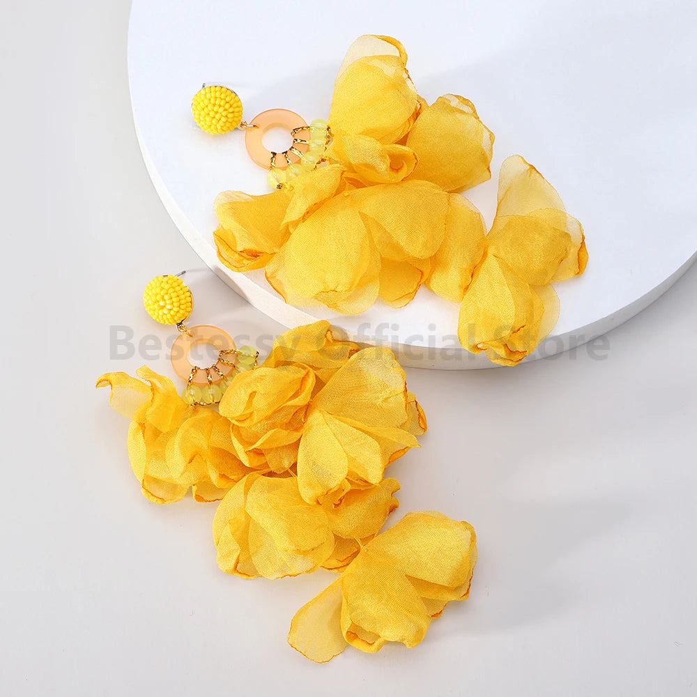 Boho Multicolor Cotton Flower Petal Dangle Earrings For Women Luxury Elegant Handmade Beaded Tassel Ear Pendant Fashion Jewelry