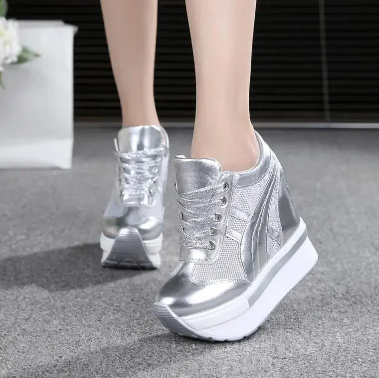 NEW Classic Women Mesh Platform Sneakers White Shoes 10CM High Heel Wedges Outdoor Breathable Casual Shoes Autumn Round Toe 2024
