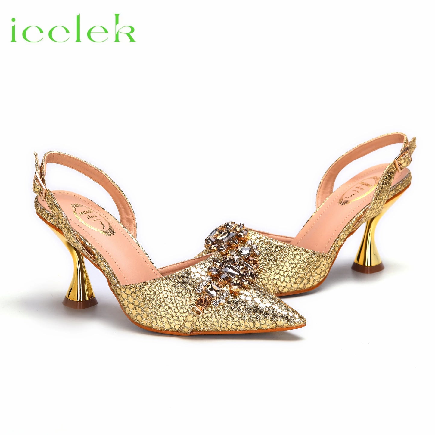 High Heels Shoes for Women Fashion Embroidery Rhinestone Italian Design Gold Color Pointed Toe Shoes and Bags Set