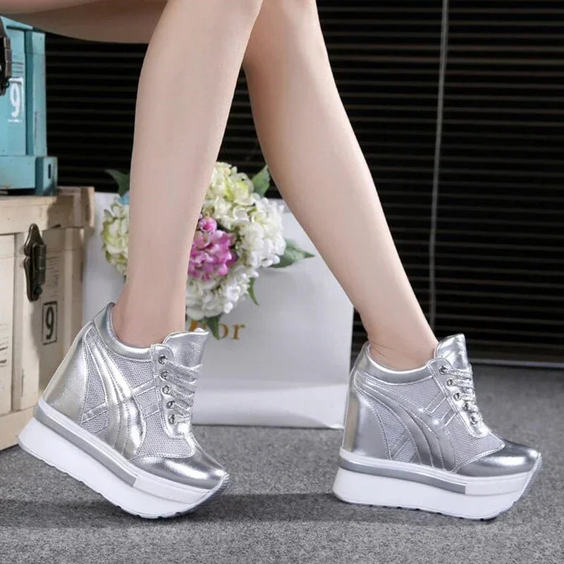 NEW Classic Women Mesh Platform Sneakers White Shoes 10CM High Heel Wedges Outdoor Breathable Casual Shoes Autumn Round Toe 2024