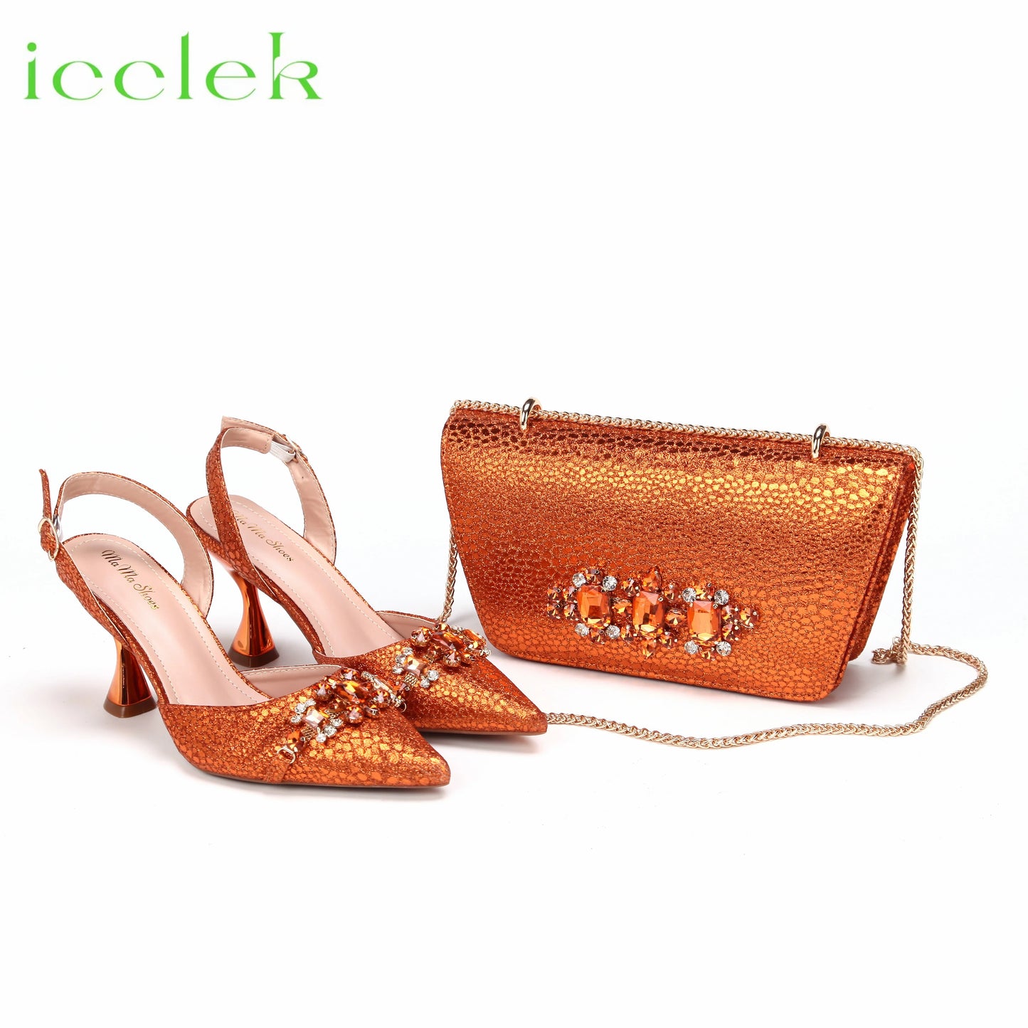High Heels Shoes for Women Fashion Embroidery Rhinestone Italian Design Gold Color Pointed Toe Shoes and Bags Set