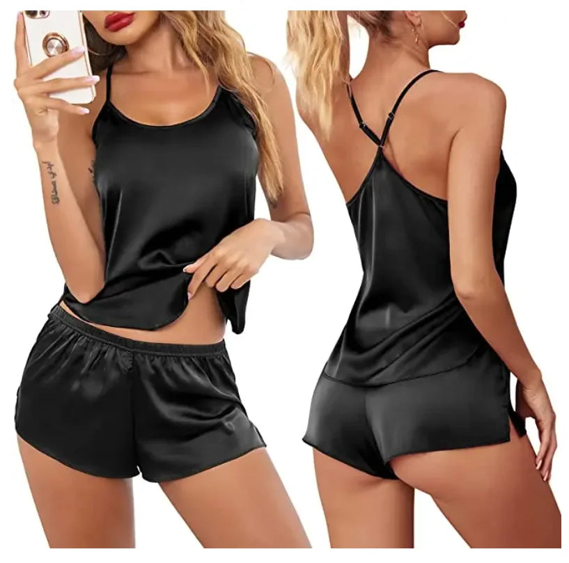 Women's Sleepwear Sexy Lace Satin Pajama Sets Nightwear Sleeveless Tops+Shorts 2 Pcs Sets Pyjama Sets For Women Pijama