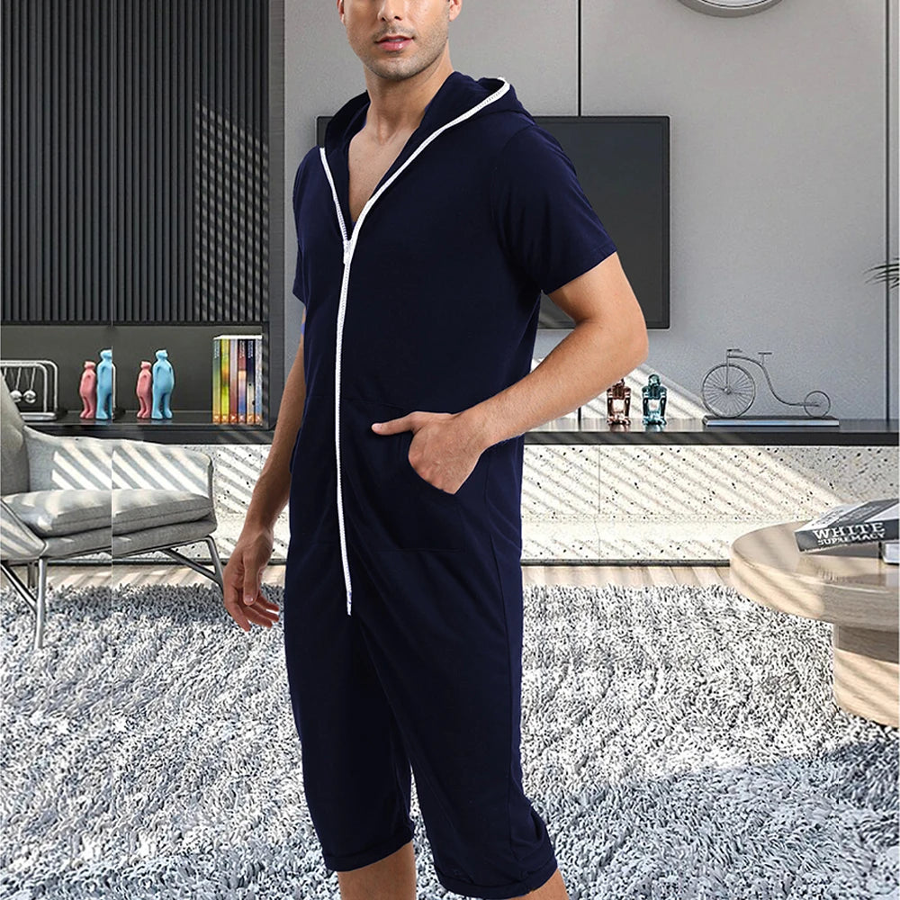 Men Short Sleeve Jumpsuit Sweatshirt Male Hoodies Zipper Overalls Bodysuit Rompers Short Pant Casual Home Wear Tracksuit Pajamas