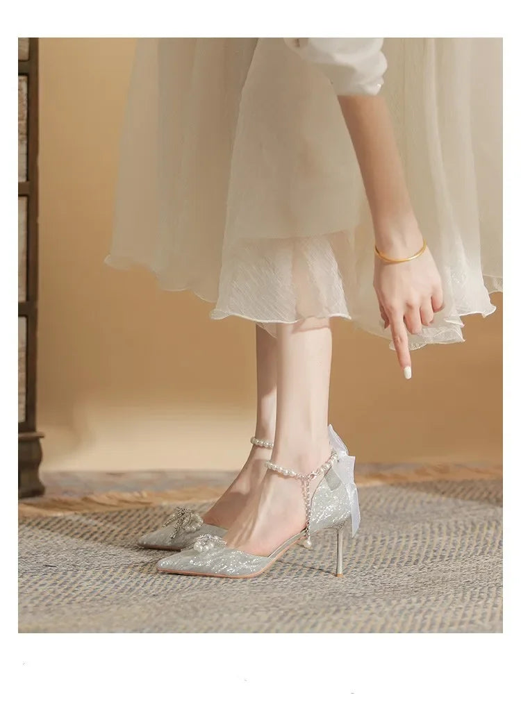 Women High Heeled Sandals Summer Fashion Bow Pearl Woman Pointed Toe Pumps Elegant Woman Sandals Party Lady Shoes