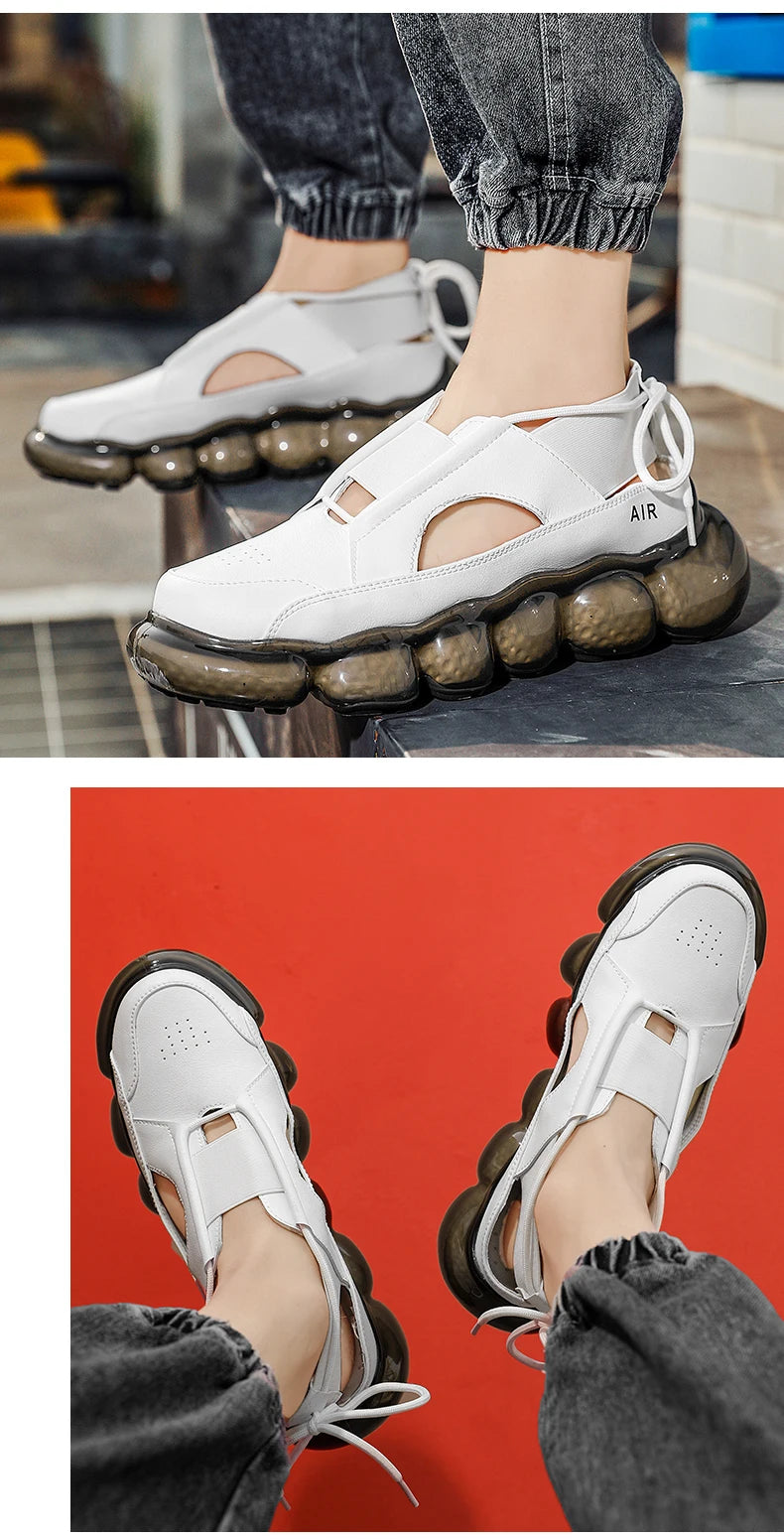 New popcorn cushioned soft sole coconut shoes low top casual sports shoes men's leather summer hollow fashion sandals