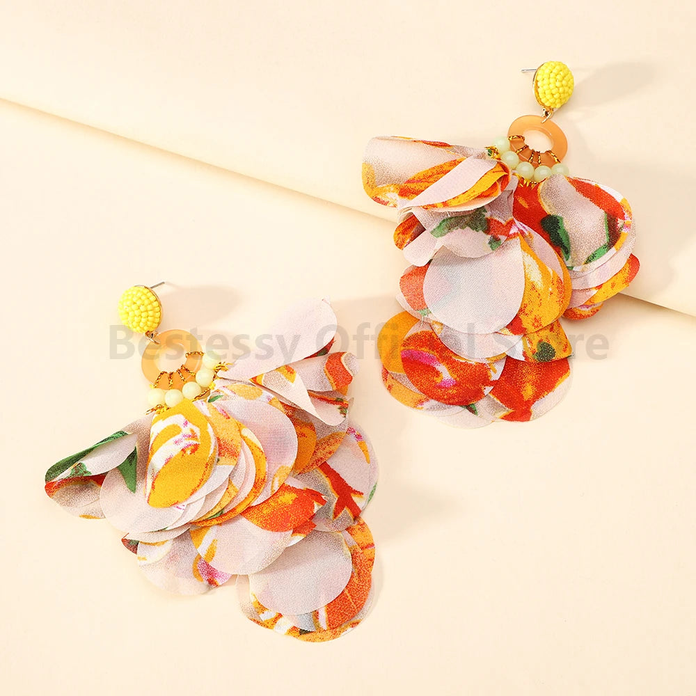 Boho Multicolor Cotton Flower Petal Dangle Earrings For Women Luxury Elegant Handmade Beaded Tassel Ear Pendant Fashion Jewelry