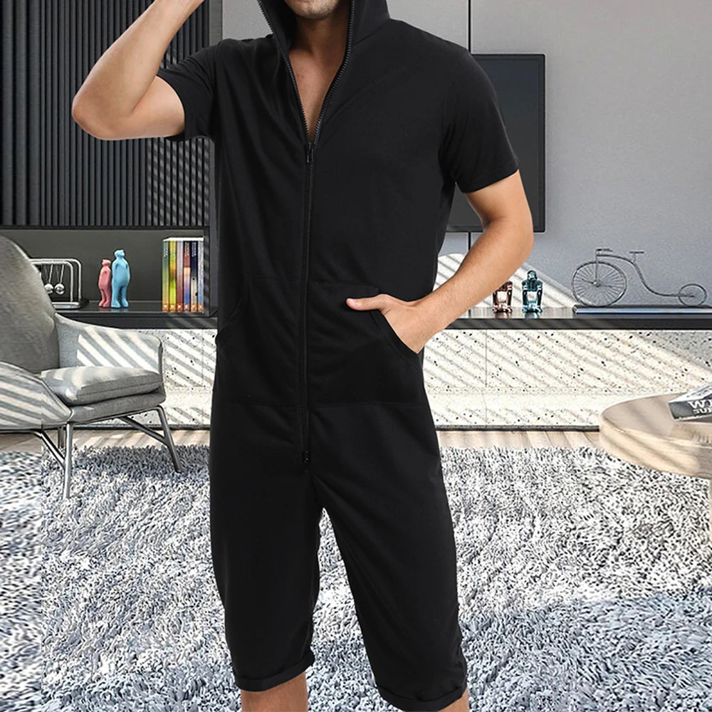 Men Short Sleeve Jumpsuit Sweatshirt Male Hoodies Zipper Overalls Bodysuit Rompers Short Pant Casual Home Wear Tracksuit Pajamas