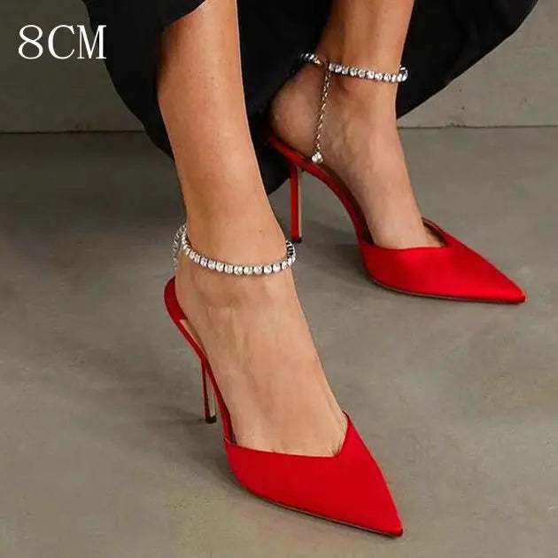 2025 Crystal Pendant White Wedding Shoes Bridesmaid Shoes One-Line Sandals Rhinestone Pointed Stiletto Satin Sexy Party Pumps
