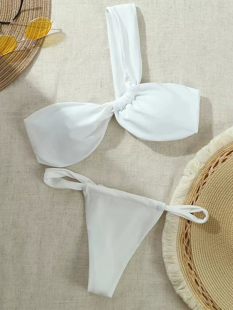 Bikini Set Women Sexy Sleeveless One Shoulder Swimsuit Two-Piece Swimwear 2025 Summer New Fashion Solid Color Bathing Beachwear