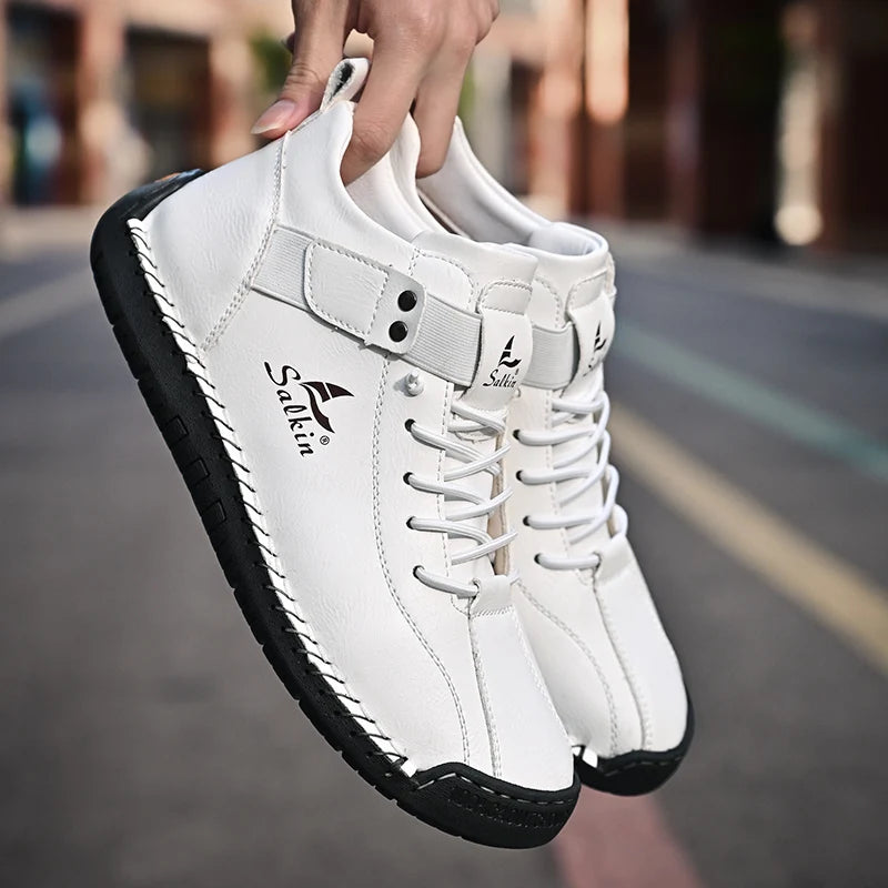 New 2025 Handmade Leather Casual Men Shoes Design Sneakers Man Breathable Leather Shoes Ankle Boots Outdoor Non Slip Walking