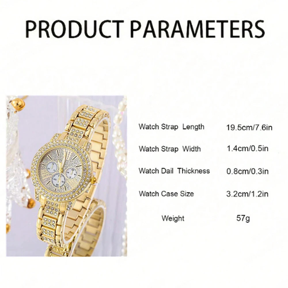 Women's Quartz Watch Gold Luxury Women Ring Necklace Earring Rhinestone Fashion Wristwatch Casual Ladies Watches Jewelry Set 