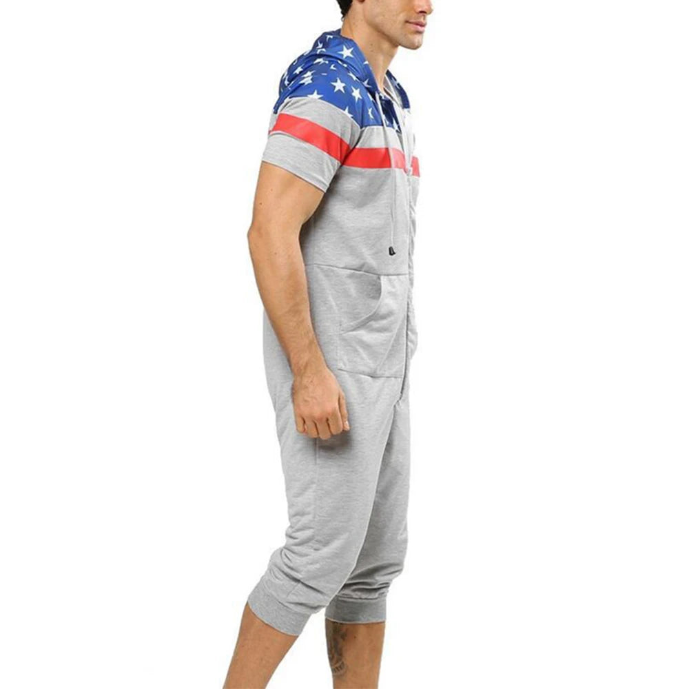 Men Short Sleeve Jumpsuit Sweatshirt Male Hoodies Zipper Overalls Bodysuit Rompers Short Pant Casual Home Wear Tracksuit Pajamas