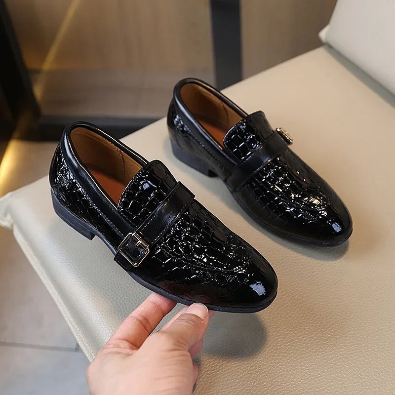 Kids Leather Shoe for Catwalk Fashion Boys Black Flats Pointed-toe Versatile School Uniform Children Performance Low-heels Shoes
