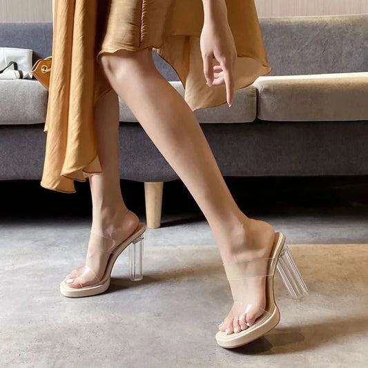 Women's High Heels 2025 Summer New Table  Line Not Tired Feet Thick Crystal Slippers Women's Shoes