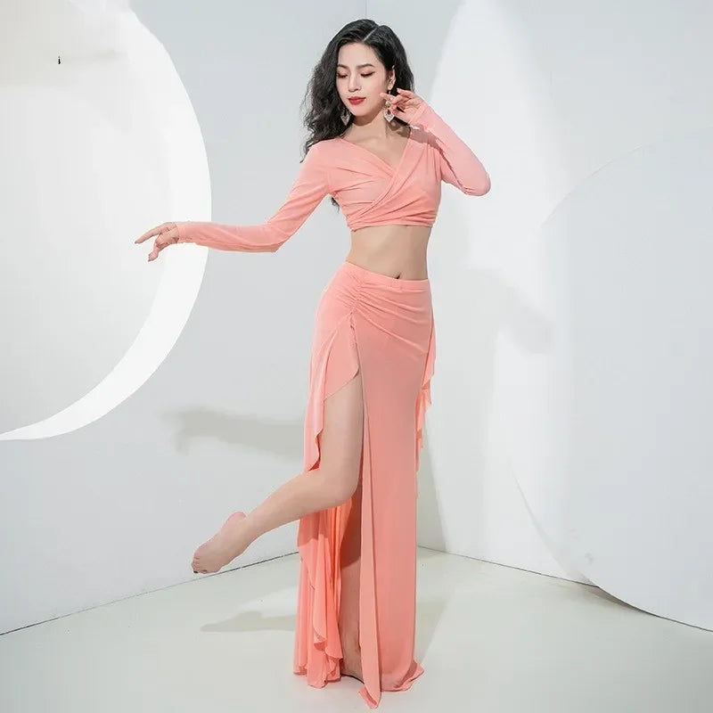 Women Oriental Dance Costume Dress 2 Piece Gauze Top Side Split Long Skirt Professional Dancer Performance Training Outfit New