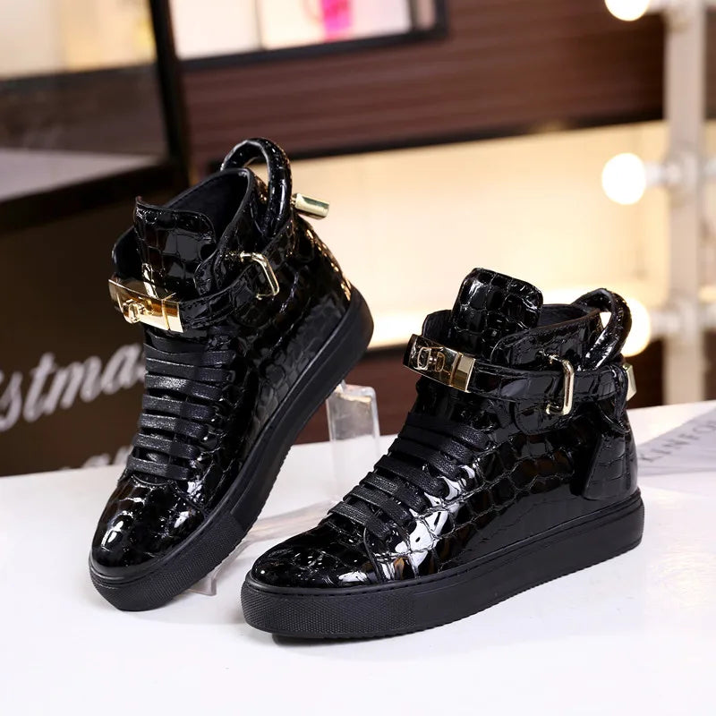 Unisex High-Top Leather Sneakers - Casual Running Shoes with Metal Details