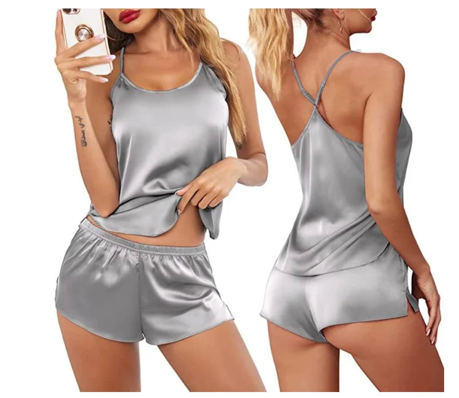 Women's Sleepwear Sexy Lace Satin Pajama Sets Nightwear Sleeveless Tops+Shorts 2 Pcs Sets Pyjama Sets For Women Pijama