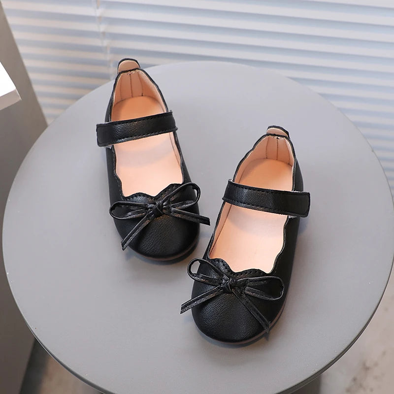 Little Girl's Princess Shoes Spring Black White Bowtie Cute Children Flat Shoe Shallow Matte Pu Leather Comfy Kids Shoe 21-30