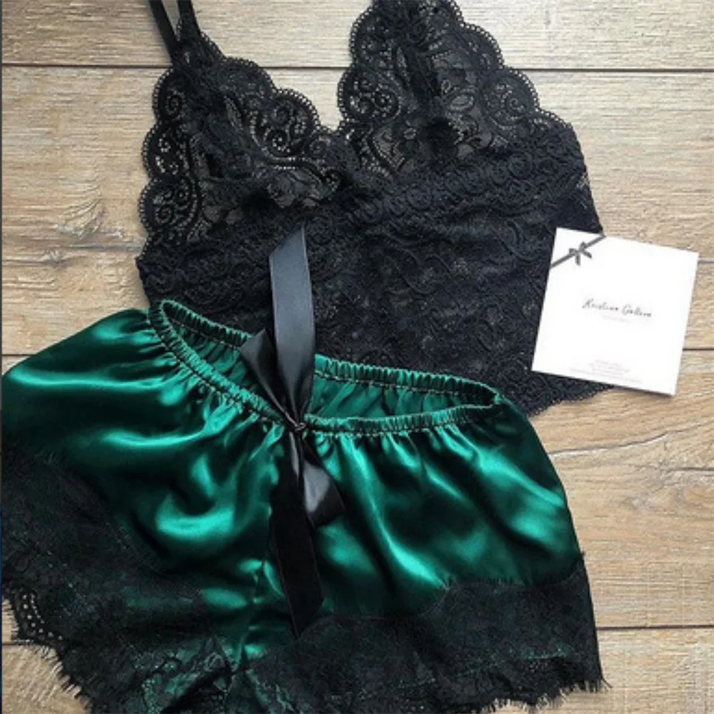 Women Pajamas Set Sexy Satin Lace Sleepwear Lingerie Ladies Elastic Suspender Shorts  Nightwear Suits Sleeveless Underwear Tops