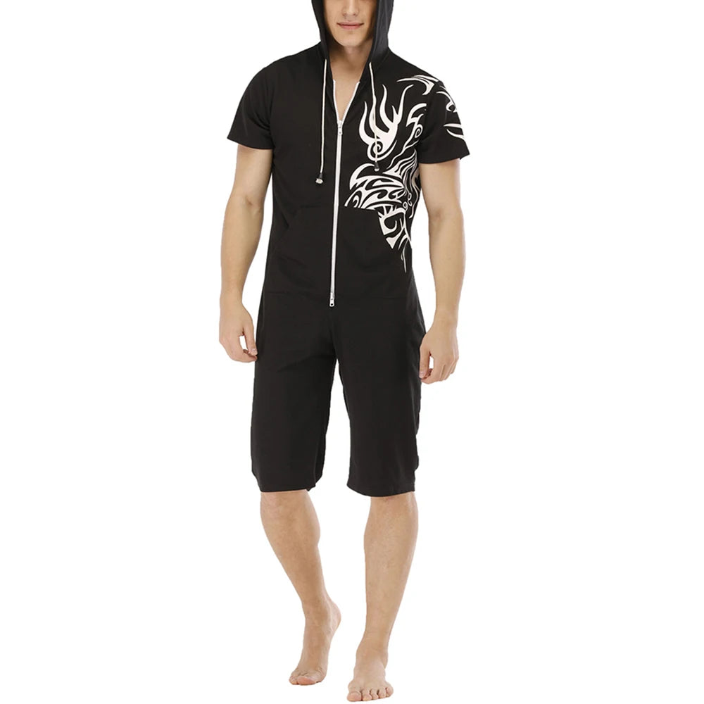 Men Short Sleeve Jumpsuit Sweatshirt Male Hoodies Zipper Overalls Bodysuit Rompers Short Pant Casual Home Wear Tracksuit Pajamas