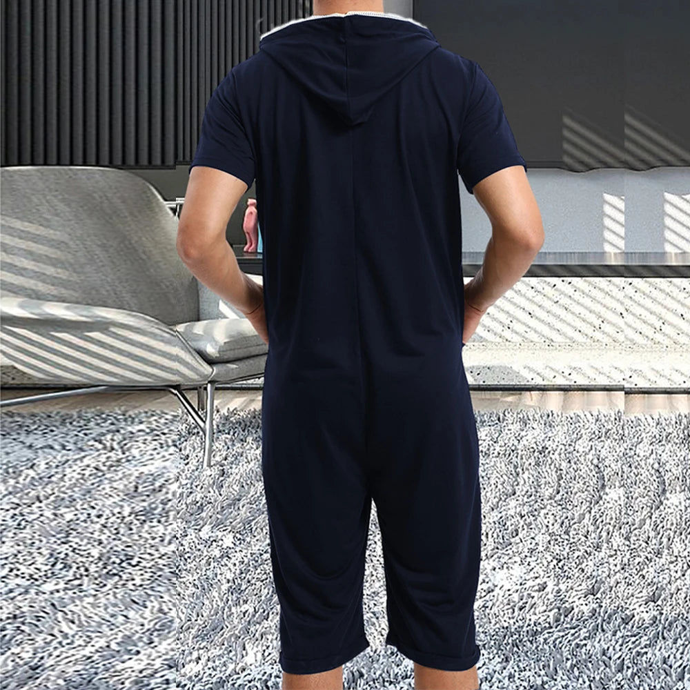 Men Short Sleeve Jumpsuit Sweatshirt Male Hoodies Zipper Overalls Bodysuit Rompers Short Pant Casual Home Wear Tracksuit Pajamas