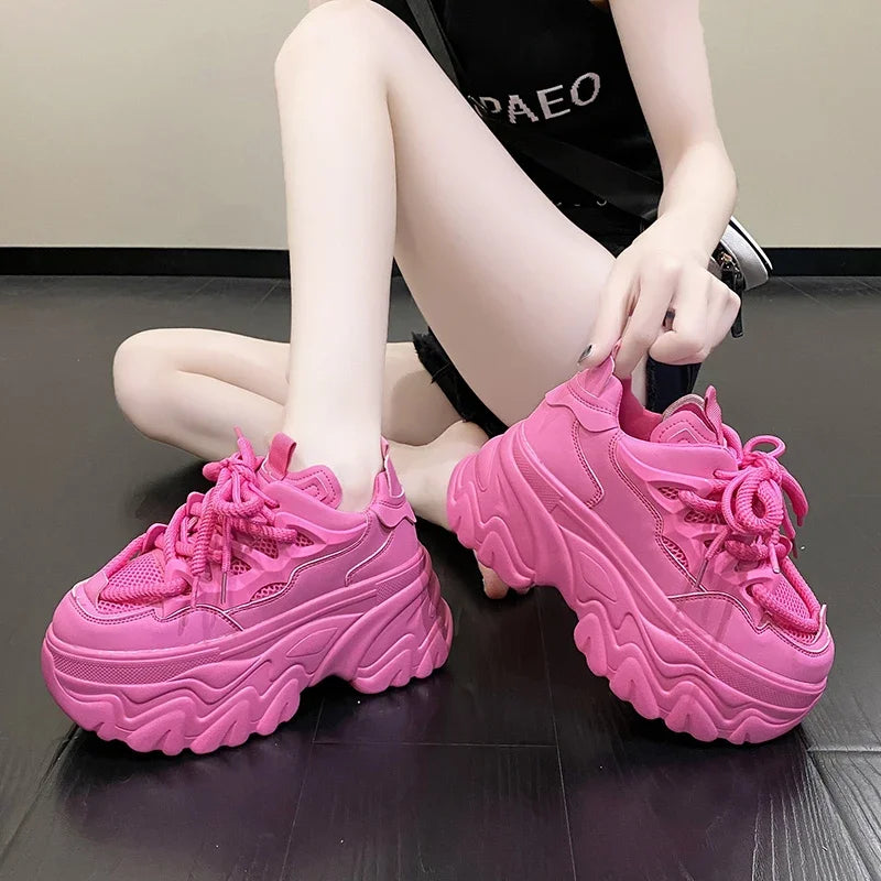 Hidden Heels White Chunky Sneakers Women Breathable Lace Up High Platform Shoes Woman 2025 Autumn Non-Slip Thick Bottom Sneakers