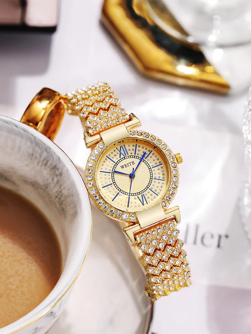 Women's Fashion Quartz Watch Full Diamond Steel Band Water Diamond Full Sky Star Roman Pattern Bracelet Reloj Girl UTHAI H11