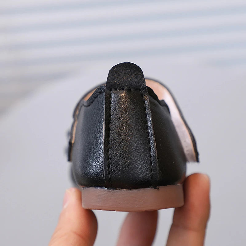 Little Girl's Princess Shoes Spring Black White Bowtie Cute Children Flat Shoe Shallow Matte Pu Leather Comfy Kids Shoe 21-30