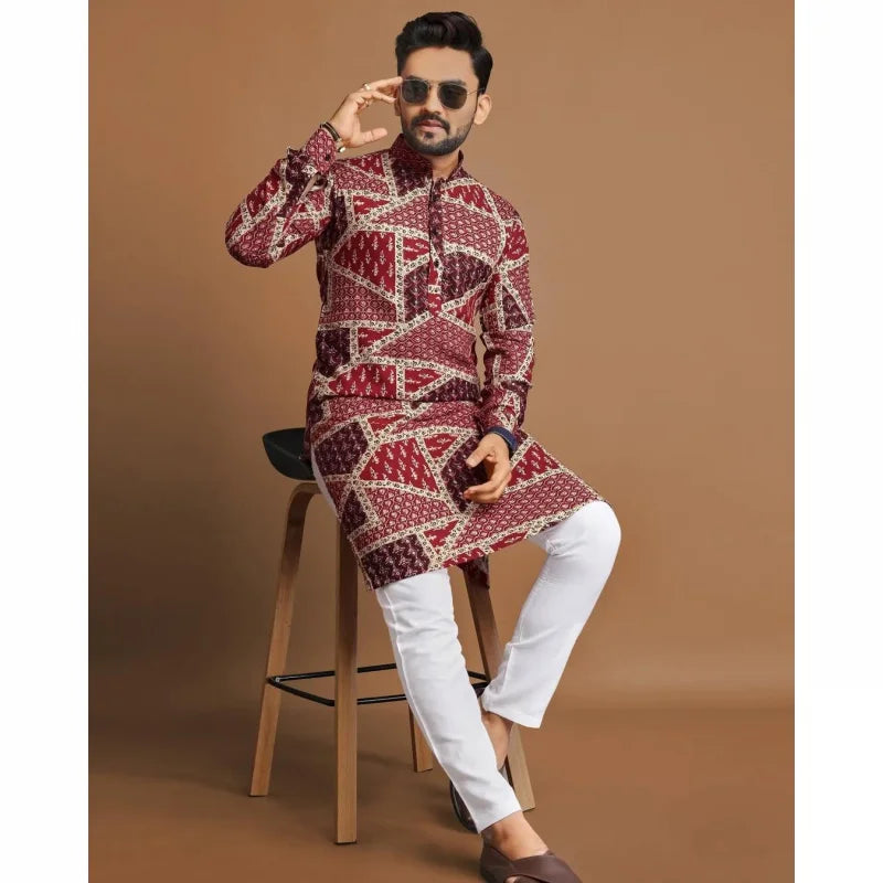 2025 Men Digital Printed Kurta Vardha Regular Fit Mandarin Collar Long Suitable All Occasions Such Wedding Hari Raya Aidilfitri