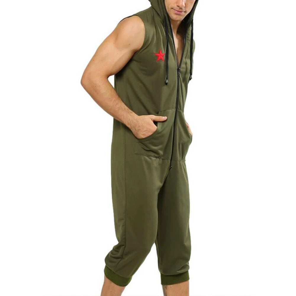 Men Short Sleeve Jumpsuit Sweatshirt Male Hoodies Zipper Overalls Bodysuit Rompers Short Pant Casual Home Wear Tracksuit Pajamas