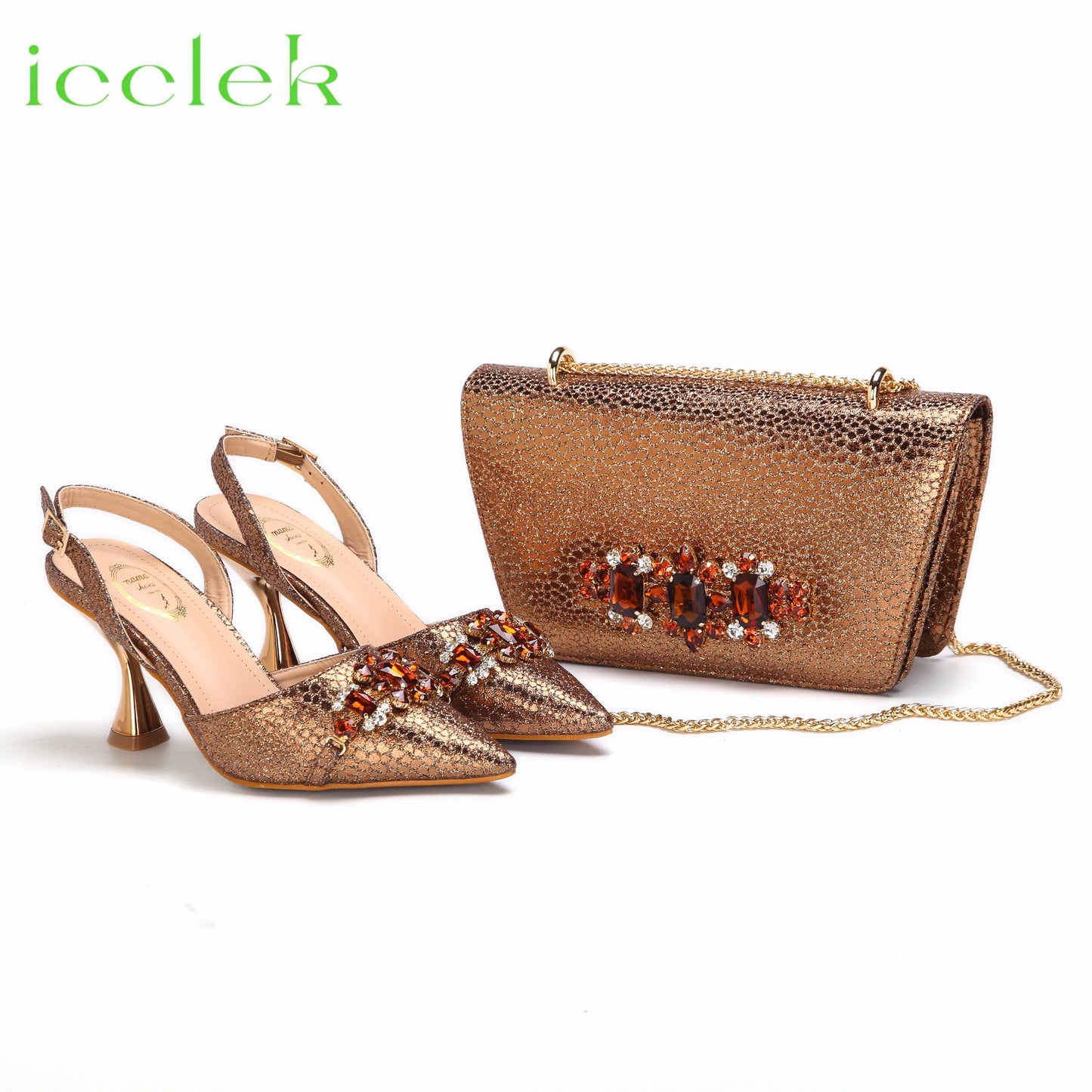 High Heels Shoes for Women Fashion Embroidery Rhinestone Italian Design Gold Color Pointed Toe Shoes and Bags Set