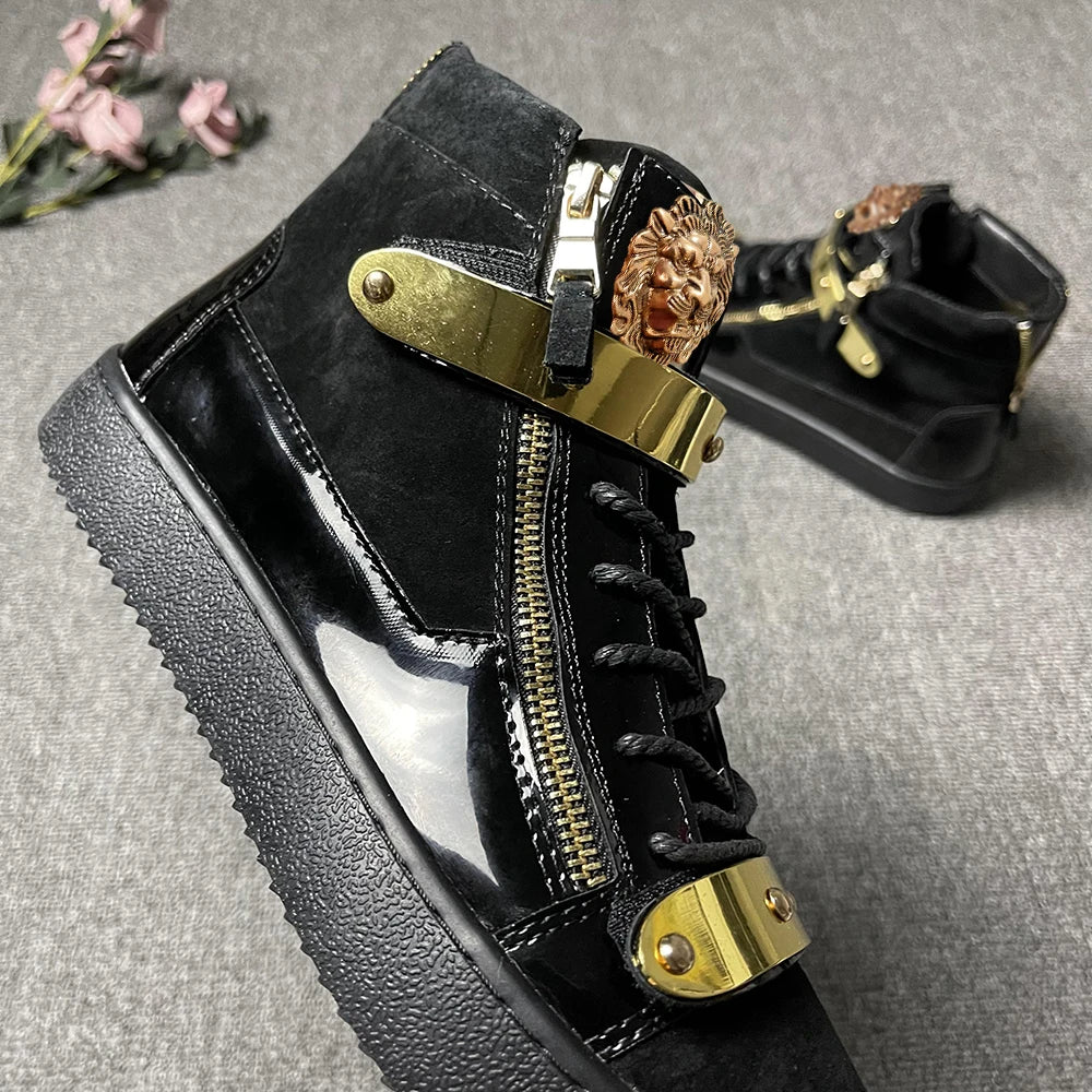 Men's High-Top Leather Casual Shoes - Designer Sneakers with Metal Buckle