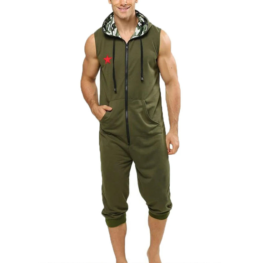 Men Short Sleeve Jumpsuit Sweatshirt Male Hoodies Zipper Overalls Bodysuit Rompers Short Pant Casual Home Wear Tracksuit Pajamas
