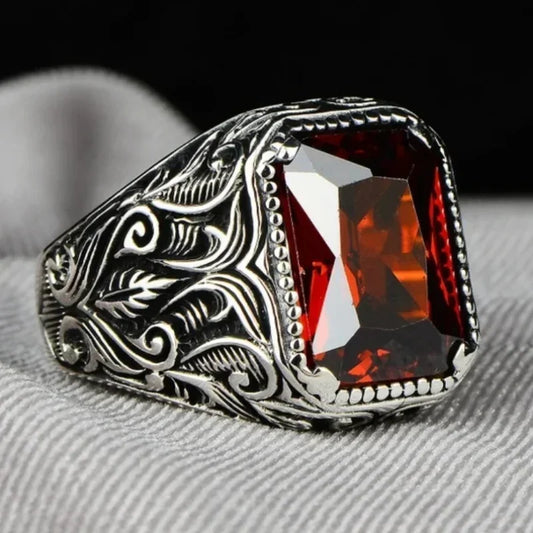 Vintage Handmade Turkish Signet Ring for Men Women Ancient Silver Color Carved Ring Red Yellow Zircon Inlay Punk Motor Biker