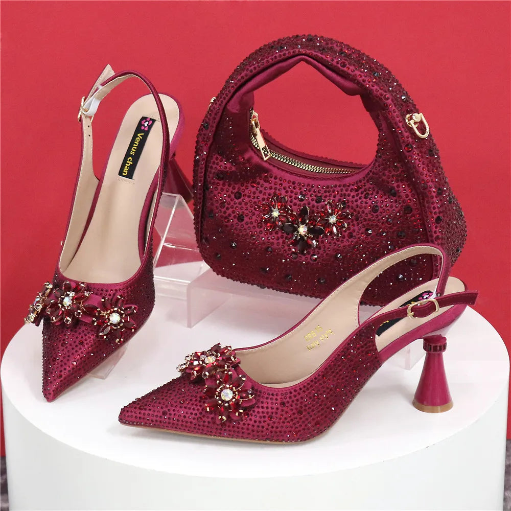 Popularity Pointed Toe High Heels Shoes and Bags Set With Rhinestone for Women Wedding Party Elegant Luxury Fashion